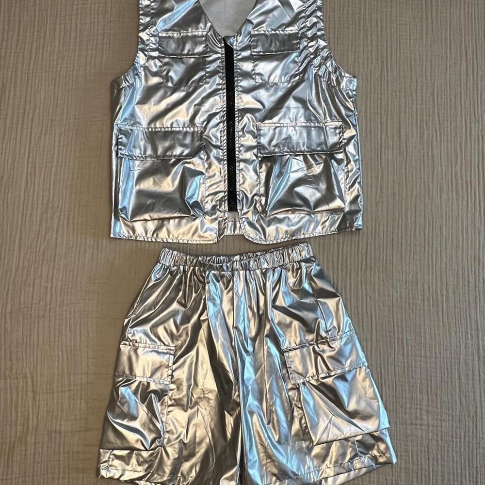 SHEIN kids tween boys silver metallic hip hop dance vest & cargo shorts